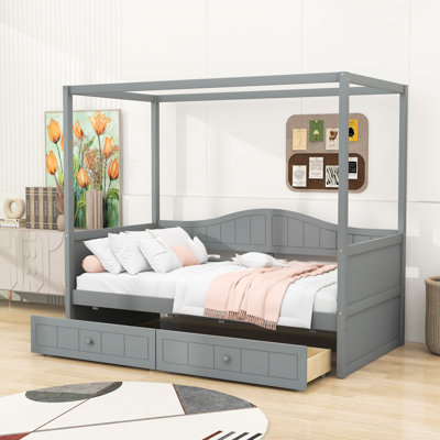 Twin Wooden Canopy Daybed with Built-In Backrest and Storage Drawers by Lark Manor