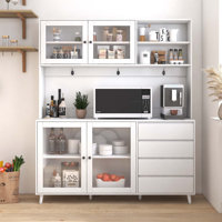 63" Large Kitchen Freestanding Hutch Pantry Cabinet with 4 Doors, 4 Drawers & Microwave Shelf by George Oliver