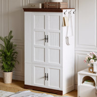 4-door Wardrobe Closet With Side Mirror, 2 Railed Open Storage Shelves, 70†Bedroom Armoire With 3 Hooks & Hanging Rod by Latitude Run