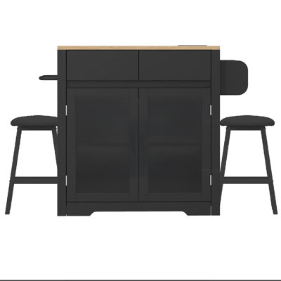 3 Pieces Kitchen Island Set With Storage Cabinet, Drawers, Power Outlets & 2 Stools by Ebern Designs