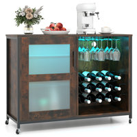 Wine Bar Cabinet w/ Wheels LED Lights Storage Shelves Glass Holders Wine Racks by Ophelia & Co.