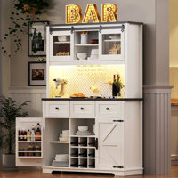 71" Farmhosue Pantry Bar Cabinet With Internal Storage Rack,Kitchen Cabinet With Hutch,Sliding Door,Power Outlet,Pegboard,Wine & Glasses Rack,3 Drawer by Ophelia & Co.