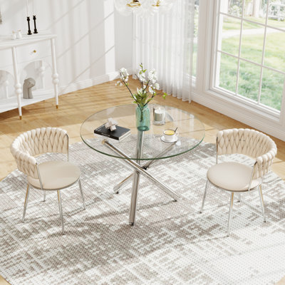 Modern Round Tempered Glass Pedestal Dining Set with Weaven Velvet Dininig Chair
