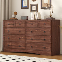 55 Inch Dresser for Bedroom, 10 Drawer Dresser with Large Drawers, Mid Century Modern Wide Wood Chest for Living Room, Hallway, Cherry Wood Color by Ophelia & Co.