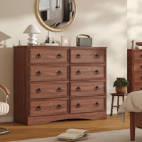 47 Inch Dresser for Bedroom, 8 Drawer Dresser with Large Drawers, Mid Century Modern Wide Wood Chest for Living Room, Hallway, Cherry Wood Color by Ebern Designs