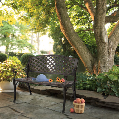 40.5" Outdoor Cast Aluminum Bench With Mesh Backrest & Seat - Powder-coat Durable Construction, Curved Armrests, Sloped Slatted Seat For Comfort, Safe by Alcott Hill
