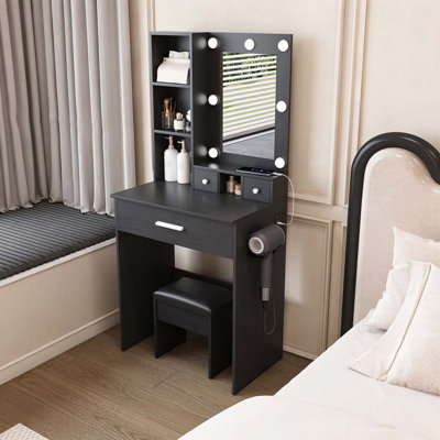 52”H Modern Dressing Table, Vanity Desk With Mirror & Adjustable LED Lights, Makeup Vanity With Power Outlet, Hairdryer Holder & Stool For Bedroom by Latitude Run