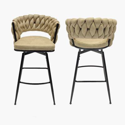 Technical Leather Woven Bar Stool Set of 2,Black legs Barstools No Adjustable Kitchen Island Chairs,360 Swivel Bar Stools Upholstered Counter Stool Ar