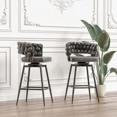 Technical Leather Woven Bar Stool Set of 2,Black legs Barstools No Adjustable Kitchen Island Chairs,360 Swivel Bar Stools Upholstered Counter Stool Ar by Corrigan Studio