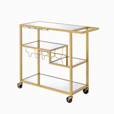 Adamsen Mirrored & Champagne Finish Serving Cart, Wine Bottle & Steamware Rack by Mercer41