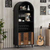 71" Farmhouse Arched Wine Bar Cabinet, Tall Liquor Cabinet With Wine Rack & Glass Holder, Black Coffee Bar & Whiskey Station For Living Or Dining Room by George Oliver