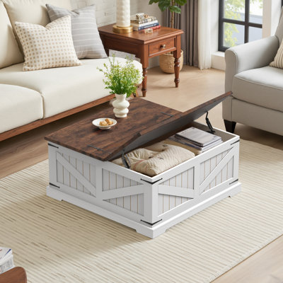 Tishay Farmhouse Coffee Table with Storage, 35.5" Square Center Table with Dual Flip-Top Lids and Hidden Compartment, Rustic Wood Coffee Table for Liv by ROVRAk