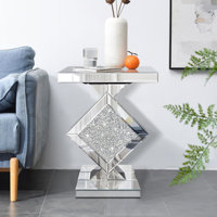 Crushed Diamond Mirrored End Table, Silver Side Accent Table, Small Mirrored Coffee Table For Living Room, Bedroom, 16"x16"x24" by Everly Quinn