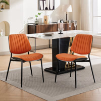 2 Mid Century Dining Chairs In Orange, Pu Leather Covering, Walnut Back, Metal Legs, Ergonomic & Waterproof For Home Of 2, Orange Fabric, Area by George Oliver