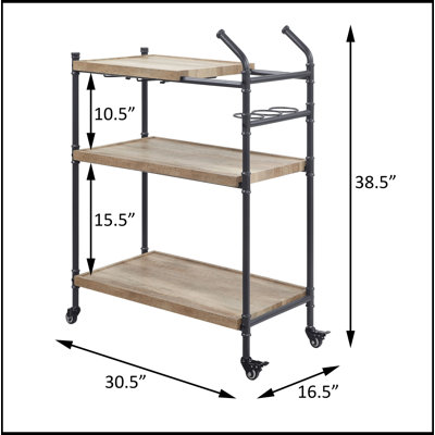 Industrial Oak and Sandy 2-Shelf Serving Cart with Stemware Racks and Lockable Wheels for Enhanced Mobility and Storage by 17 Stories