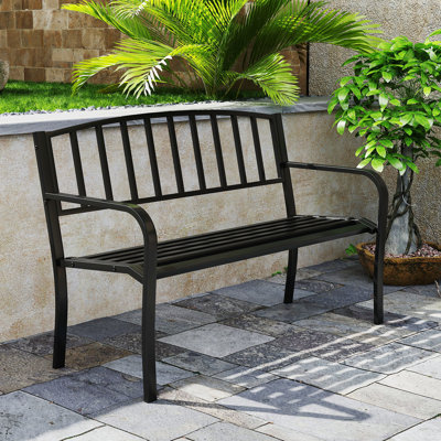 50 Inches Garden Bench w/ Slatted Backrest & Curved Armrests for Porch by Ebern Designs