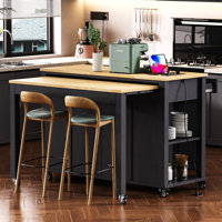 47" Kitchen Island With Extendable Dining Table, Rubber Wood Veneer Kitchen Table With Internal Storage Rack, Power Outlet, Kitchen Island With Storag by Lark Manor
