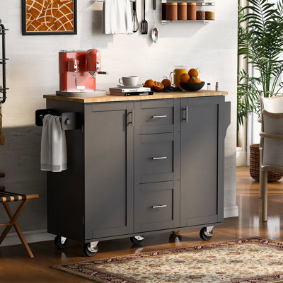 Rolling Kitchen Island With Storage, Kitchen Cart With Rubber Wood Top, 3 Drawer, 2 Slide-Out Shelf And Internal Storage Rack, Kitchen Island On Wheel by Lark Manor