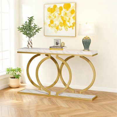 Gold Entryway Console Table With Faux Marble Top, 55.1" Large Storage Sofa Table, Suitable For Living Rooms, Foyers, Hallways, Etc. by Mercer41