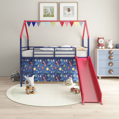 Jack Metal Junior House Twin Loft Bed With Slide And Curtain Set,Red And Blue by Harper Orchard