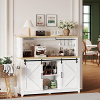 55" Farmhouse Coffee Bar Cabinet with LED Lights & Power Outlet, Sliding Barn Door & Wine Rack for Dining Room by Wrought Studio