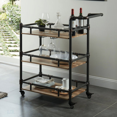 Industrial Style Antique Black Inspired Design Natural Oak 1Pc Serving Cart 3-Tier Server by Williston Forge