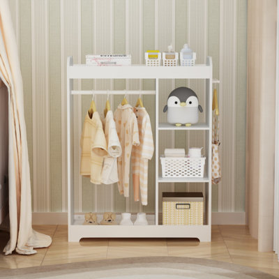 Kids Dress Up Storage with Mirror and Hooks, Wooden Dress Up Clothes Rack with Hanging Rod, 3 Side Hooks, Storage Shelves and Top Shelf, Toddler Costu by Harriet Bee