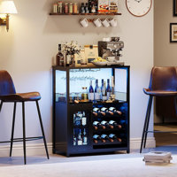 3-Tier Wine Bar Cabinet with LED Lights, Detachable Wine Rack and Storage Space, Bar Cabinet with Glass Holder and Mesh Door for Liquor and Glasses, L