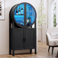 Rounded Wine Bar Cabinet With Led Lights, 65" Tall Storage Cabinet With Glass Doors & Shelves, Modern Liquor Coffee Bar Cabinet With Human Body Senso by Wrought Studio