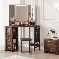 Corner Makeup Vanity with LED Mirror, Charging Station & Stool, Cabinet Storage for Bedroom by Wrought Studio