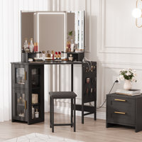 Corner Makeup Vanity with LED Mirror, Charging Station & Stool, Cabinet Storage for Bedroom by Wrought Studio