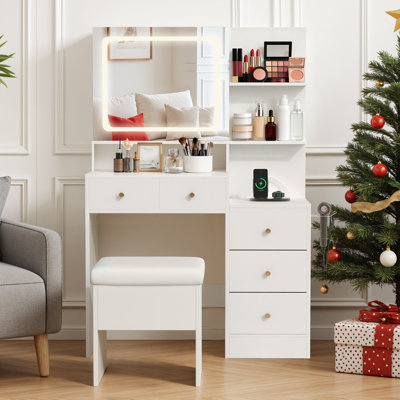SOGO Makeup Vanity Desk Set with Mirror amd LED Lights, White Vanity Table with Chair, Charging Station, 3 Open Storage Shelves & 4 Drawers, Dressing by ROVRAk