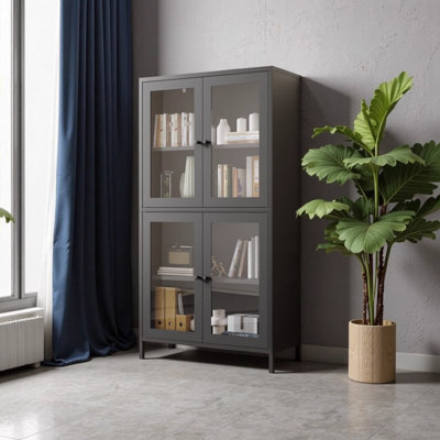 Classic Black Metal Storage Cabinet with 4 Tempered Glass Doors & Adjustable Shelves - Freestanding Display Cabinet for Home Office Living Room Kitche by Latitude Run