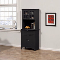 Elegant Black Buffet with Hutch, Kitchen Pantry Storage Cabinet with Framed Glass Doors, Drawer & Microwave Space, Farmhouse to Modern Style