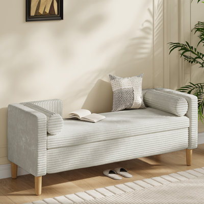 65.35" Storage Bench, Corduroy Upholstered End Of Bed Bench With Bolster Pillows, Modern Storage Bench With Natural-patterned Wooden Legs, comfy Entry by Mercer41