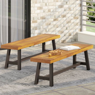 Outdoor Dining Benches Pair, Rustic Wood, Modern Industrial Slat Panel Design, Brown 2 Benches, Top, Brownish by Gracie Oaks