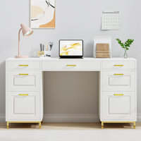 Computer Desk with 7 Drawers, 57 Inch Home Office Desk with File Drawers,Executive Desk with Golden Legs and Handles by Mercer41