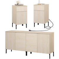 4 Pcs Bedroom Set,Reeded Dresser And Nightstand Sets For Bedroom, Wooden Dresser Set With Adjustable Shelves, Night Stand Of 2 With Charging Station by Ebern Designs