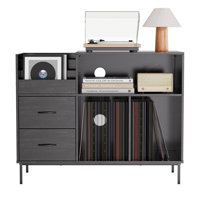 Record Player Stand With Power Outlet Black Wood Grain Modern Console For Living Room Music Storage by George Oliver