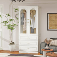 100% Solid Wood Armoire Closet with 3 Drawers & Hanging Rod, White by Lark Manor