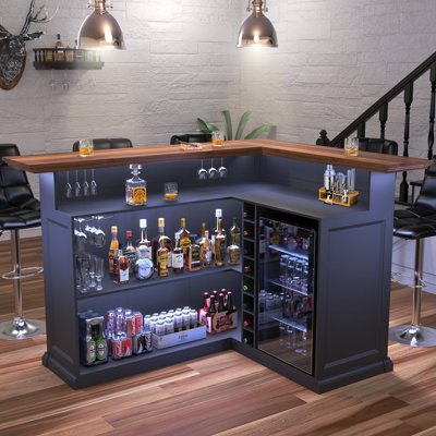 L Shaped Home Bar Cabinet with Fridge Space, Oversized Modern Basement Bar Table, 67" x 53” Wine Cabinet with Storage for Cave by Lark Manor