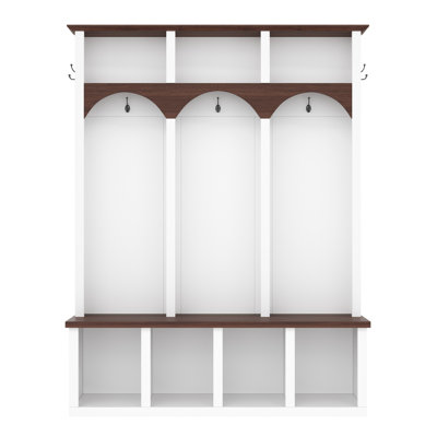 Farmhouse White Wooden Hall Tree With Storage Bench, 5 Hooks & 7 Cubbies, Durable Mdf & Particle Board, Perfect For Entryway Or Mudroom by Red Barrel Studio