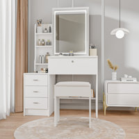 53.2" Vanity Desk With Lighted Mirror, 4 Drawers And Shelves, Makeup Vanity Table With Cushioned Stool For Bedroom Dressing by Latitude Run