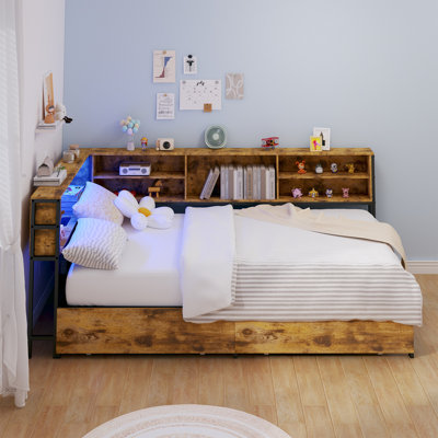 Corner Bed Frame with Storage Bookcase, Full Daybed with Storage Drawers Underneath, Kids Bed Unit with Charging Station and LED Light by Ivy Bronx
