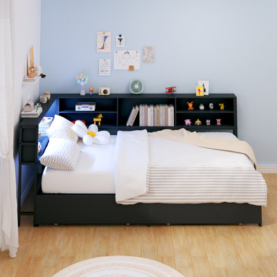Corner Bed Frame with Storage Bookcase, Full Daybed with Storage Drawers Underneath, Kids Bed Unit with Charging Station and LED Light by Ivy Bronx