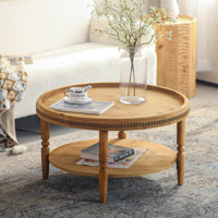 Boho Round Coffee Table With Storage Shelf - 2-Tier Accent Table With Beaded Trim & Curved Wood Legs, Rustic Cocktail Table For Living Room, Natural S by One Allium Way