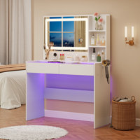 Vanity Desk With Led Lighted Mirror, Transparent Glass Top & Ambient Lighting, Dressing Table With Charging Station, 2 Drawers by Ivy Bronx
