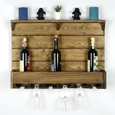 Wall Mounted Wooden Wine Rack Shelf – Wenge Finish, Hanging Glass & Bottle Storage For 6 Bottles - Wenge