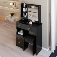 29.2" Small Size Left Drawer Desktop Vanity Table + Cushioned Stool, Extra Large Right Sliding Mirror, Multi Layer High Capacity Storage, Practical Fa by George Oliver
