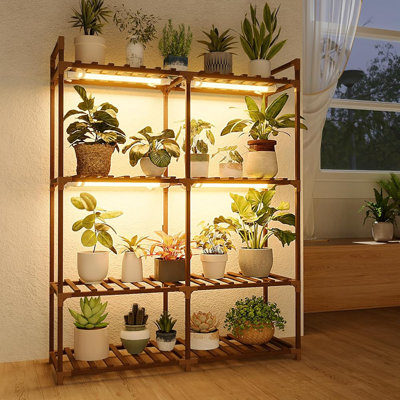 4-Tier Wood Plant Stand with Grow Lights for Indoor/Outdoor Use